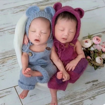 תינוק שרק נולד התינוק צילום אביזרים ילד ילדה תלבושות דוב חמוד כובע וסרבל להגדיר רך אנגורה תמונה בגדים Jumsuit