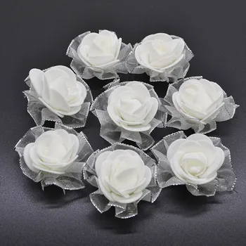50pcs 4 סנטימטרים מיני קצף רוז עץ לבן בז ' פרחים מלאכותיים חתונה קישוט פרחוני DIY זר זר מזוייף ורדים עיצוב הבית