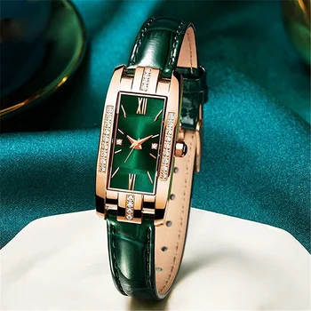 שעוני יוקרה לנשים כיכר קוורץ שעוני יד עור ירוק אופנה שעונים נקבה גבירותיי קוורץ שעון מתנות montre פאטאל