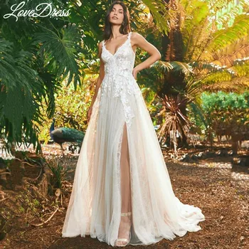 LoveDress ללא שרוולים שמלות חתונה V-צוואר קו A אפליקציות תחרה סקסי לפצל את הכלה בשמלה חשופת גב רוכסן רכבת Vestido de noiva
