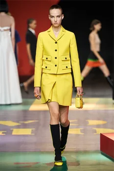 האביב צהוב נשים חליפת חצאית סט ' קט בלייזר+Mini שמלה לנשף רשמי משרד ליידי גודל מותאם אישית חתונה טוקסידו женский костю