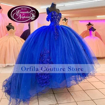 כחול רויאל הטקס שמלות תחרה חרוזים 16 מתוק שמלת נשף שמלת הנשף vestidos דה-15 שנים 2021 רכבת לטאטא