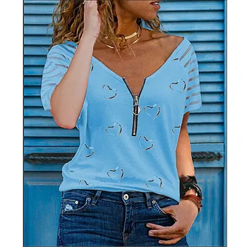 2021 קיץ אופנה נשים בצורת לב להדפיס חולצה עם רוכסן קישוט V-צוואר עם שרוולים קצרים מזדמנים חופשי קט העליון
