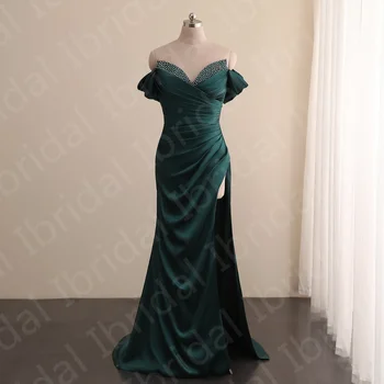 מדגם אמיתי שמלות ערב אלגנטיות בצבע ירוק כהה בצד שסף אורחים חתונה שמלות מתוקה נשף שמלות ערב מחוץ כתף חרוזים