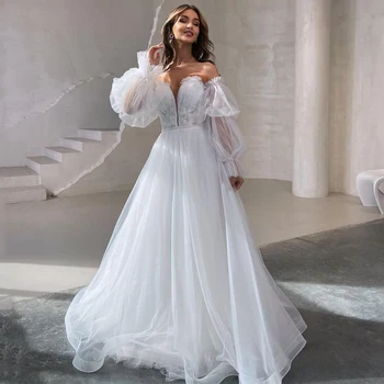 Eightree חתונה לבנה שמלות 2022 פאף שרוול הכלה שמלה סקסית בוהו. החוף קו A טול הנסיכה חתונה שמלת ערב בתוספת גודל