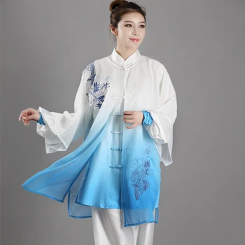 רקמה, פרח כחול המסורתי הסיני קונג פו המדים 3 יח 'טאי-צ' י החליפה בוקר תרגיל וושו בגדים אומנויות לחימה סטים