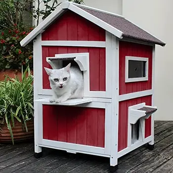 חיצונית חתול הבית עבור חתולי רחוב, מחוץ עץ לחתול רחוב. מקלט 2 סיפור גדול חתול הבית במשך 2-4 חתולים עם מרפסת ולברוח