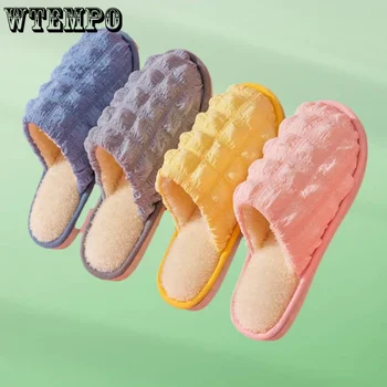 WTEMPO כותנה נעלי סתיו חורף חם החלקה קטיפה מגלשות מקורה רך שקט חמוד כותנה נעליים לזוגות הסיטוניים