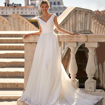 Toofgon נוצץ טול, סאטן רשמי שמלות כלה עם קפלים V-צוואר קו חתונה, שמלות כלה רכבת לטאטא כלה מסיבת שמלה 2023