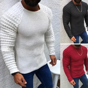 סוודר גברים 2023 סתיו/חורף צבע מוצק Slim Fit שרוול ארוך צוואר עגול סוודר לסרוג סוודר לגברים
