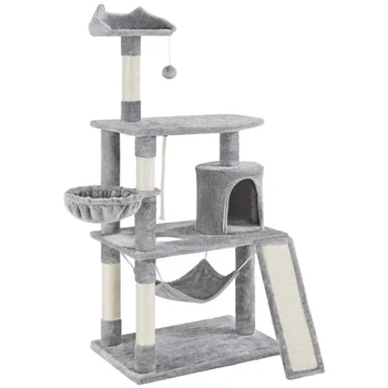 חתול עץ עם הדירה ומגרד פוסט מגדל, אפור בהיר