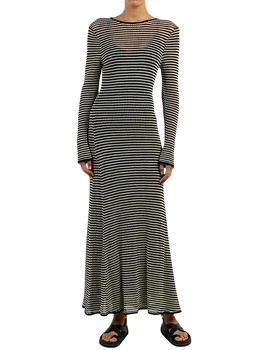 מסוגנן הולו-Out פסים לסרוג את השמלה לנשים - קיץ מושלם רשת שרוול ארוך לקשור חג החוף ביקיני חיפוי-השמלה על ידי