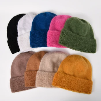חדש 9 Colorways איכותי ארנב פרווה מוצק אישה חורף כובע צמר חם סתיו כובעים הכי מתאימים רך בונט Skullies מתנה