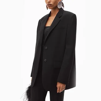 סתיו החדש של נשים lapelsingle עם חזה רקום בלייזר y2k באיכות גבוהה אופנה רחוב ישר מזדמן רופף מעיל שחור