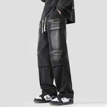 2023 החדש רחוב מזדמן באגי ג 'ינס של גברים אופנה קוריאנית היפ הופ ישר רחב הרגל מכנסיים זוג מכנסי ג' ינס שחור כחול בהיר