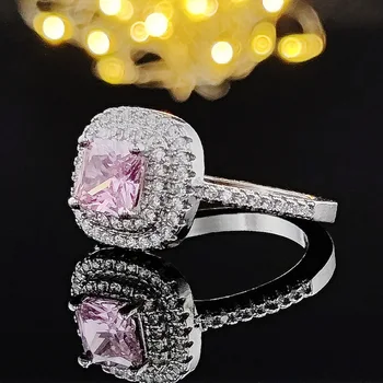 נשים פרינסס טבעת כסף צבע ורוד מעבדה יהלום קריסטל Resizable פתיחת טבעת אירוסין תכשיטים לחתונה