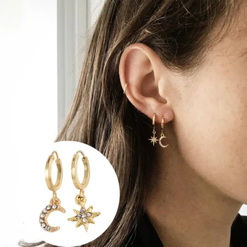 אופנה חדשה כוכב הירח תליון העגיל גיאומטריות נשים קריסטל צבע זהב אסימטרי להשתלשל האוזן הנשי קוריאני תכשיטים