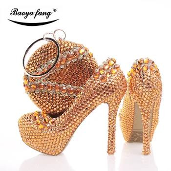 BaoYaFang תפוזים קריסטל נשים נעלי חתונה עם macthing שקיות עקבים גבוהים פלטפורמה הנעליים ואת התיק נעליים גבוהות