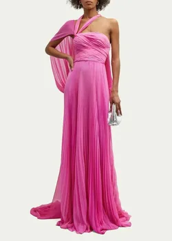 אלגנטית ארוכה שיפון פוקסיה שמלות ערב קו מחוך קפלים באורך רצפת לנשף רשמי שמלת מסיבת לנשים