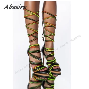 Abesire קיץ מעורב צבע ונועלים סנדלים עקב גבוה העקב חבל עיצוב נעלי נשים חדשות אופנה סקסית גדול גודל Zapatillas Mujer