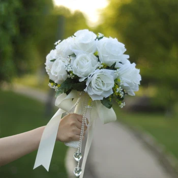 מחזיק פרחים מלאכותיים טבעי רוז זר חתונה עם משי סאטן סרט לבן שמפניה שמלת שושבינה מסיבת הכלולות