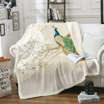 הסגנון הסיני טיבטי שמיכה, ספה ספת מיטה כיסא פרחים לבנים סניף פלנל לזרוק כפול טווסים ציפור שמיכה גודל