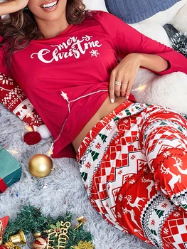 נשים s חג המולד פיג ' מות סט חגיגי שרוול ארוך חולצת טריקו עם פתית שלג הדפסה מכנסיים הלבשת לילה Loungewear