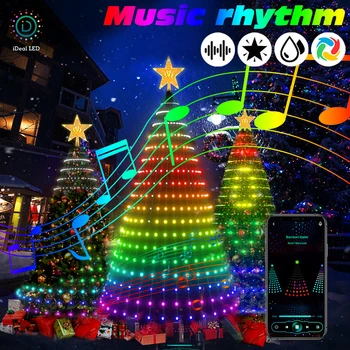 RGB חכמה עץ חג המולד פיית מפל אורות מחרוזת אפליקציה מרחוק Bluetooth שליטה LED אור עץ הצג מוסיקה סנכרון החג עיצוב