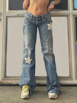 רחוב רטרו שטף בן כוכב מחומש המודפסים מלוכלך עם ג 'ינס אסימטרי תפירה גבוהה המותניים צינור ישרה y2k שולי הג' ינס
