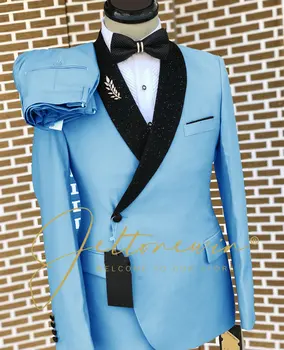 כפול עם חזה רשמי שמיים כחולים חתונה גברים חליפה להגדיר Slim Fit השושבינים החתן טוקסידו מבריק הצעיף דש מעיל מכנסיים 2Pcs