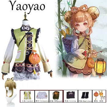 משחק אנימה Genshin השפעה Yaoyao Cosplay תלבושות בסגנון סיני ליל כל הקדושים תלבושות מלא סט הפאה הכובעים בובה תרמיל גב החליפה.
