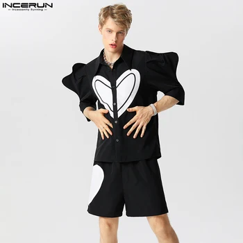 סגנון אמריקאי של גברים אופנה סטים קצרים חולצות עם שרוול קצרים זכר רומנטי בועה שרוול אוהב שני חלקים מערכות S-5XL INCERUN 2023