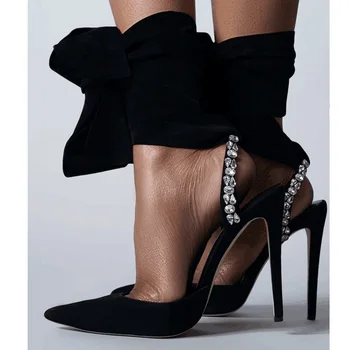 השחור החדש זמש קריסטל רצועה עקב גבוהות משאבות נשים מחודד בוהן הקרסול לעטוף תחרה-מסיבות נעליים מותאמות אישית