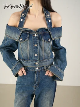 TWOTWINSTYLE ג ' ינס מינימליסטי מעילי נשים כיכר צווארון ללא שרוולים טלאים אחת עם חזה מזדמן מעיל נשי אופנה