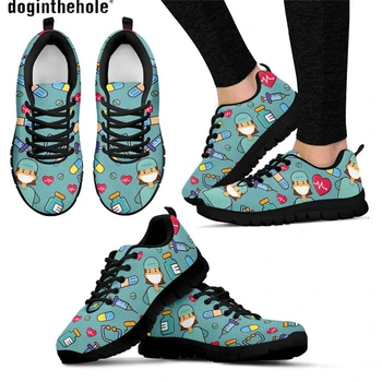 Doginthehole נשים נעלי אחות בית חולים לב להדפיס לנשימה רשת נעליים שטוחות לנשים בנות מקרית תלמיד סיעוד נעליים