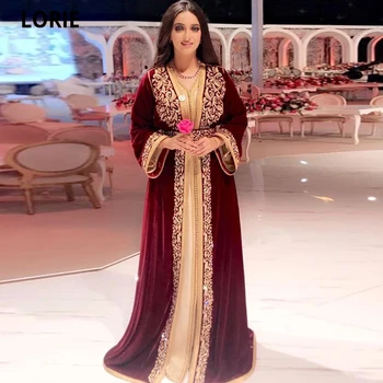 LORIE מרוקאי Kaftan שמלות ערב בורגנדי שרוול מלא לנשף שמלות ערב אפליקציות תחרה רשמית דובאי המוסלמים האלג ' ירי תלבושת