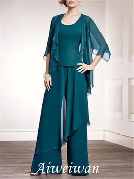 חליפת מכנסיים אמא של שמלת הכלה גודל פלוס אלגנטי סקופ צוואר באורך רצפת שיפון ללא שרוולים עם חרוזים