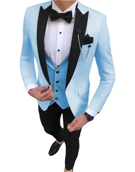 אור כחול החתן חליפות שיא דש השושבינים Mens שמלת שושבין בלייזר 3 חתיכות מסיבת חליפה (ז ' קט+מכנסיים+אפוד+קשת)