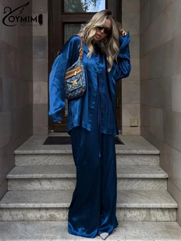 Oymimi מזדמן חופשי כחול סאטן נשים 2 חתיכה תלבושת סט אלגנטי שרוול ארוך חולצה עם גבוה מותן רחבה מכנסיים להגדיר Streeetwear