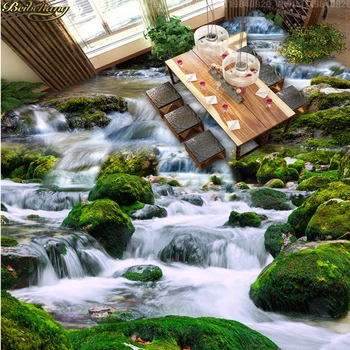 beibehang טבע ירוק מפלים אבן 3D הרצפה ציור מעובה החלקה השינה, בית קפה שירותים ריצוף קיר