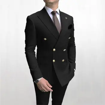 2021 הרכש החדש לעומת עיצוב מסיבת חליפות גברים שחורים Slim Fit חליפות המכנסיים הנשף Doube עם חזה החליפה תחפושת Homme (ז ' קט+מכנסיים)