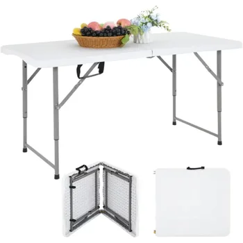 2023 חדש SUGIFT 4ft שולחן מתקפל, מתכוונן בגובה קמפינג שולחן המשרד שולחן פנימי/חיצוני פיקניק, קמפינג,ספסל לבן