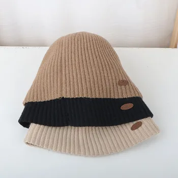 ילדים הסתיו והחורף סרוגים תווית דלי כובע בנים ובנות מוצק רב-תכליתי חמים צמר דייג כובעים