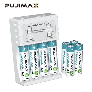 PUJIMAX 4PCS חם מכירת סוללות AA נטענות ומטען להגדיר אינטליגנטי תצוגת LED AA/AAA Ni-MH נטענת