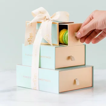 מותאם אישית זולים ידידותי לסביבה נייר ממתקים Macaron קופסת מתנה אריזה עם סרט עוגת שוקולד, קופסאות אריזה עם חלון נקי
