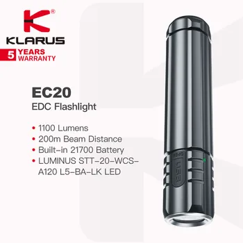 Klarus EC20 נייד EDC פנס מובנית נטענת 21700 סוללה, 1100 לומן 200m קרן מרחק, למחנאות, לשימוש יומיומי