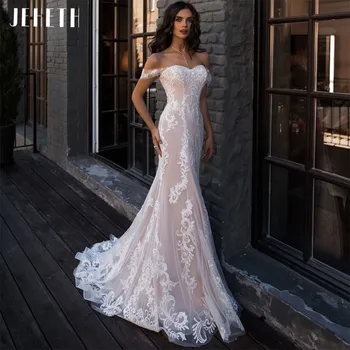 JEHETH אפליקציה תחרה, טול בתולת ים שמלת חתונה עבור נשים 2022 סקסית את כתף תחרה ללא משענת שמלת הכלה חלוק de mariée
