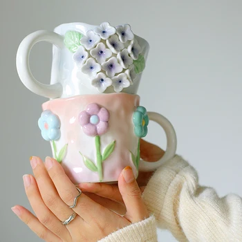 סגנון קוריאני הערבה שיק קרמיקה פרח ספל 3D פרח קפה חלב גביע צרפתי ארוחת בוקר כוס שתייה ביתיים להגדיר ילדה מתנה