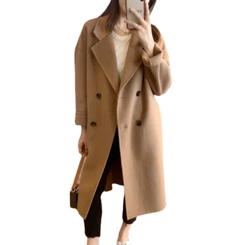 צמר כפול עם חזה אופנה נוסעים מזג כיסים חופשי אטמוספרי מעיל ארוך מעיל קוריאני נשים בגדים כפתור