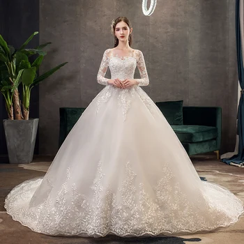 Fasthion יוקרה אלגנטית אפליקציות תחרה Pluse גודל שמלת החתונה מלא שרוולים ארוכים, הרכבת הכלה שמלת Vestidos דה Noiva